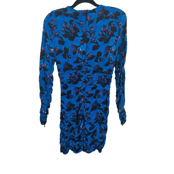 Zara Small Floral Ruched Mini Dress Long Sleeves With Zipper Blue/Black/Purple - Picture 8 of 14